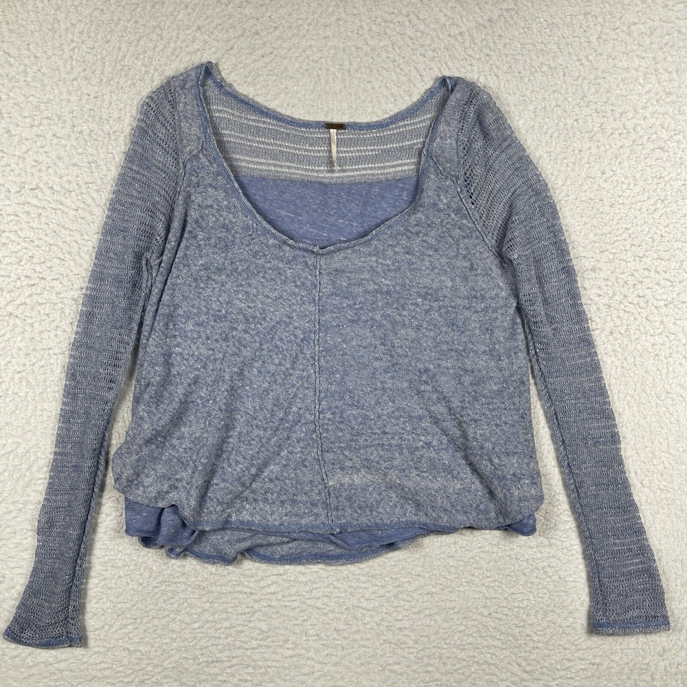 Free People Mixed Knit Layered Top Womens Small Blue Linen Blend Boho Scoop Neck
